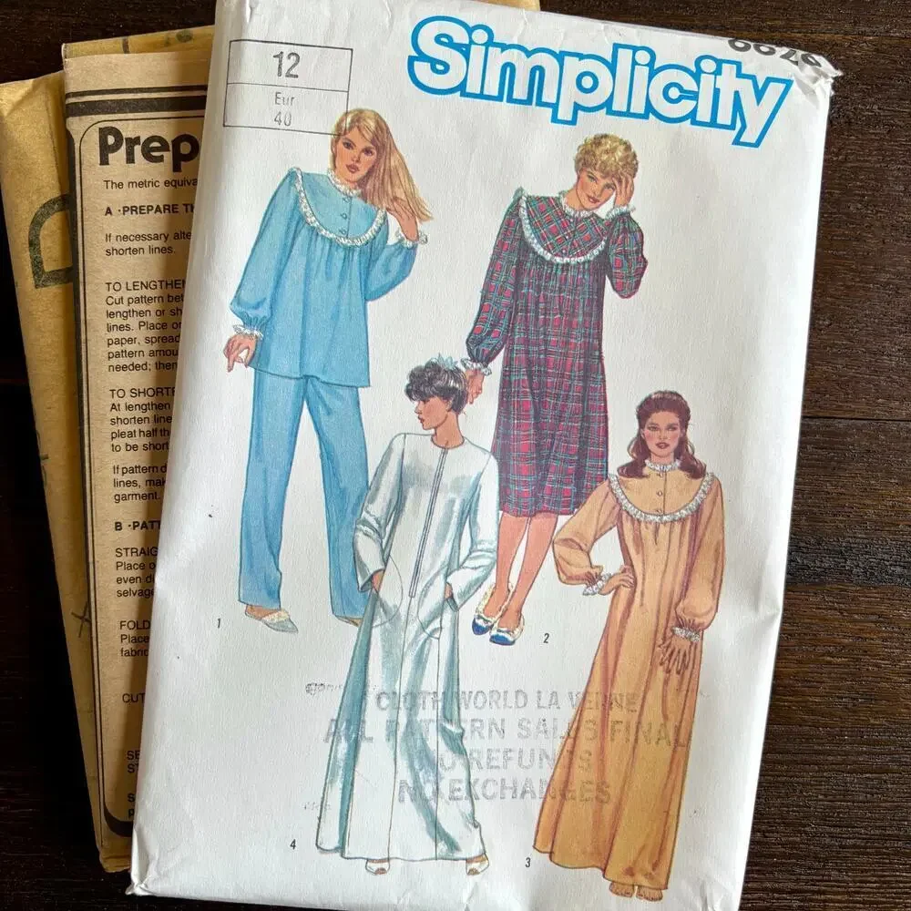 Simplicity 6626 VTG Uncut Sewing Pattern Size 12 Nightgown Pajamas and Robe 80s